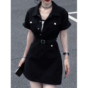 Τζιν φόρεμα με V-λαιμό, κοντά μανίκια, ψηλή μέση, Α γραμμή, στυλ δρόμου-χιπστερ