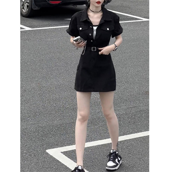 Τζιν φόρεμα με V-λαιμό, κοντά μανίκια, ψηλή μέση, Α γραμμή, στυλ δρόμου-χιπστερ