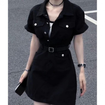 Τζιν φόρεμα με V-λαιμό, κοντά μανίκια, ψηλή μέση, Α γραμμή, στυλ δρόμου-χιπστερ