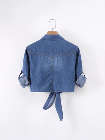 Деним риза-яке за жени с връзки отпред, къс модел, памук-полиестер смес, лацитна яка