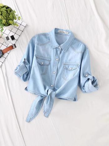 Деним риза-яке за жени с връзки отпред, къс модел, памук-полиестер смес, лацитна яка