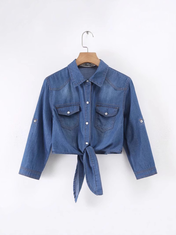 Деним риза-яке за жени с връзки отпред, къс модел, памук-полиестер смес, лацитна яка