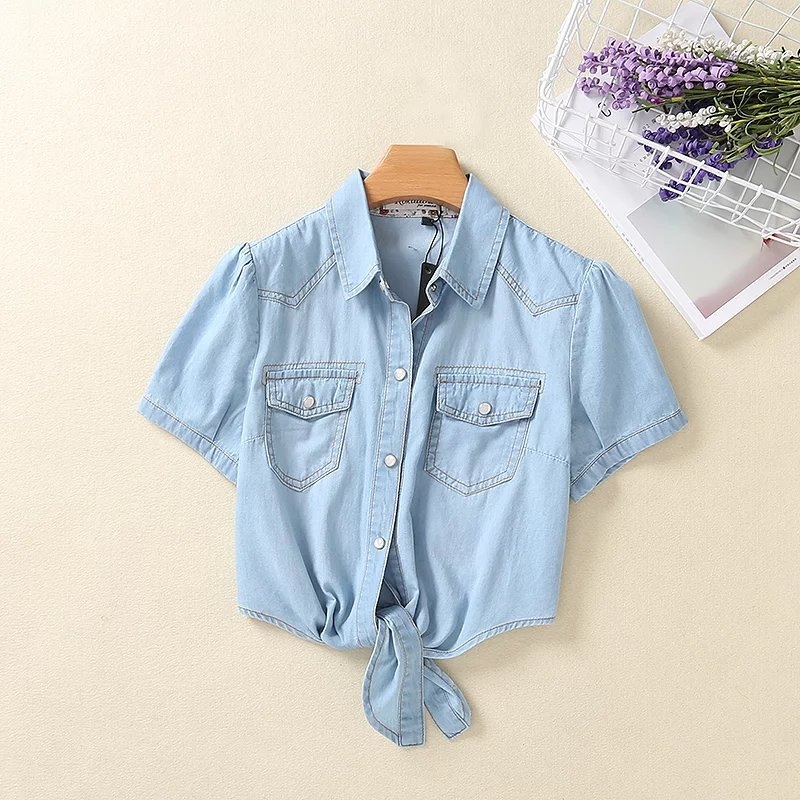 Деним риза-яке за жени с връзки отпред, къс модел, памук-полиестер смес, лацитна яка