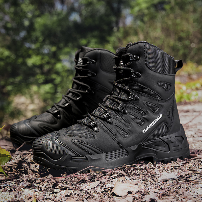 Мъжки военни туристически обувки за планински походи, висок маншет, еластично затваряне, горно покритие изкуствена кожа/оксфорд плат, EVA средна подметка и износоустойчива гумена подметка
