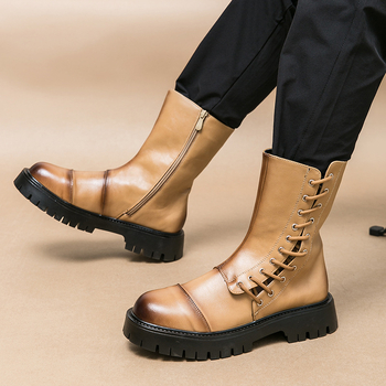 Ανδρικά μποτάκια PU με καουτσούκ σόλα, υψηλό ύψος γάμπας, μπροστινό κορδόνι, στρογγυλή μύτη