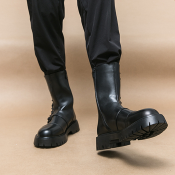 Ανδρικά μποτάκια PU με καουτσούκ σόλα, υψηλό ύψος γάμπας, μπροστινό κορδόνι, στρογγυλή μύτη