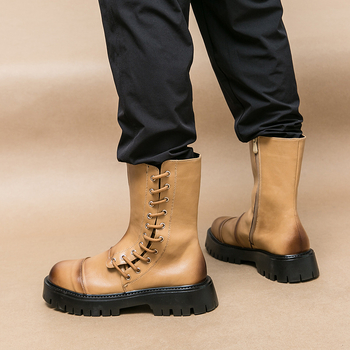 Ανδρικά μποτάκια PU με καουτσούκ σόλα, υψηλό ύψος γάμπας, μπροστινό κορδόνι, στρογγυλή μύτη