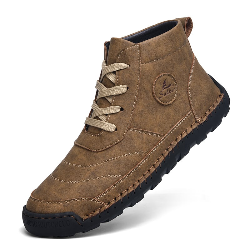 Ghete Martin înalte, cusute manual din PU, ghete casual de iarnă, vârf rotund, toc mic 1–3 cm