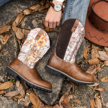 Μπότα Καουμπόι με ψηλό άξονα, χειροποίητο κέντημα, στρογγυλή μύτη, PU επάνω, σόλα από τένοντα βοείου, χαμηλό τακούνι 1–3 εκ