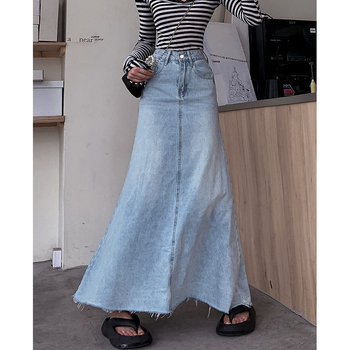 Τζιν φούστα μακριά σε γραμμή Α, μονόχρωμη, βαμβάκι 50-70%, χωρίς ελαστικότητα, καλοκαίρι 2025