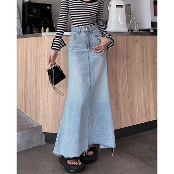 Τζιν φούστα μακριά σε γραμμή Α, μονόχρωμη, βαμβάκι 50-70%, χωρίς ελαστικότητα, καλοκαίρι 2025