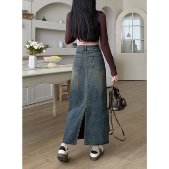 Φούστα τζιν για γυναίκες, ψηλόμεση Α-γραμμή, μεσαίο μήκος, τελείωμα στις άκρες, σύνθεση: 50–70% βαμβάκι, 30–50% πολυεστέρας