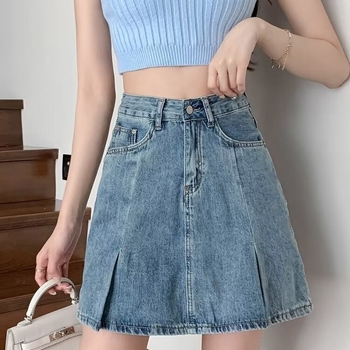 Φούστα denim μίντι - υψηλή μέση, Α-γραμμή, φρέσκο και γλυκό στυλ, Καλοκαίρι 2024, περιεκτικότητα σε βαμβάκι 50-70%