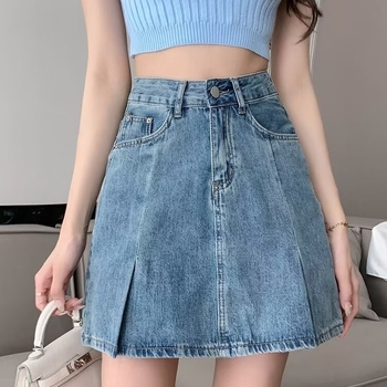 Φούστα denim μίντι - υψηλή μέση, Α-γραμμή, φρέσκο και γλυκό στυλ, Καλοκαίρι 2024, περιεκτικότητα σε βαμβάκι 50-70%