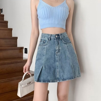 Φούστα denim μίντι - υψηλή μέση, Α-γραμμή, φρέσκο και γλυκό στυλ, Καλοκαίρι 2024, περιεκτικότητα σε βαμβάκι 50-70%