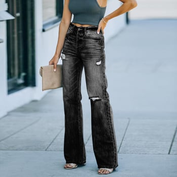 Jeans din denim pentru femei, croială largă, talie medie, poliester 71–80% și elastan 10–29%, stil street hipster