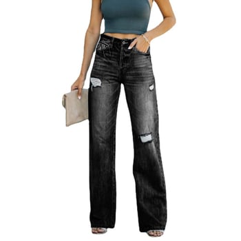 Jeans din denim pentru femei, croială largă, talie medie, poliester 71–80% și elastan 10–29%, stil street hipster