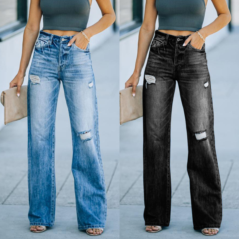 Jeans din denim pentru femei, croială largă, talie medie, poliester 71–80% și elastan 10–29%, stil street hipster