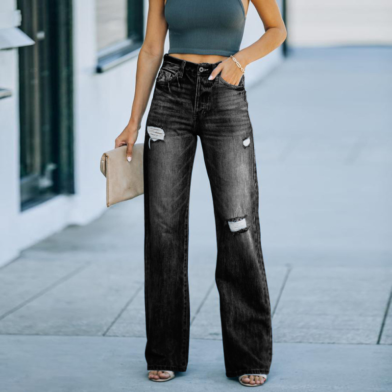 Jeans din denim pentru femei, croială largă, talie medie, poliester 71–80% și elastan 10–29%, stil street hipster