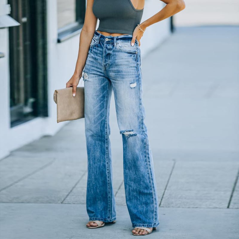 Jeans din denim pentru femei, croială largă, talie medie, poliester 71–80% și elastan 10–29%, stil street hipster