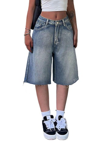 Șort denim cu margini franjurate, din bumbac, talie medie, lungime de șase puncte, fermoar, spălat și uzat