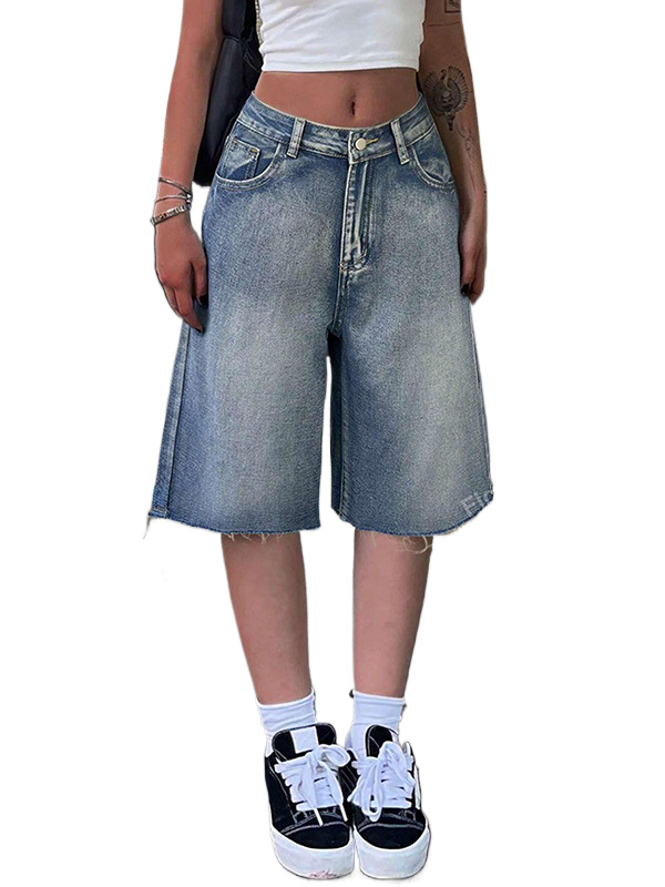 Șort denim cu margini franjurate, din bumbac, talie medie, lungime de șase puncte, fermoar, spălat și uzat
