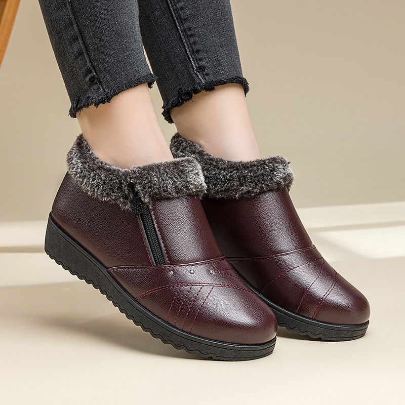 Женски памучни обувки за зима – нисък ток 1–3 см, горна част от изкуствен PU, подплата от изкуствен къс плюш, стелка от изкуствен пух, подметка PVC