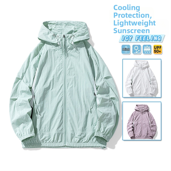 Unisex nailoniniai vasaros paltai su gobtuvu – laisvas kirpimo, UPF50+ saulės apsauga, priekinis užtrauktukas ir kišenės su užtrauktukais