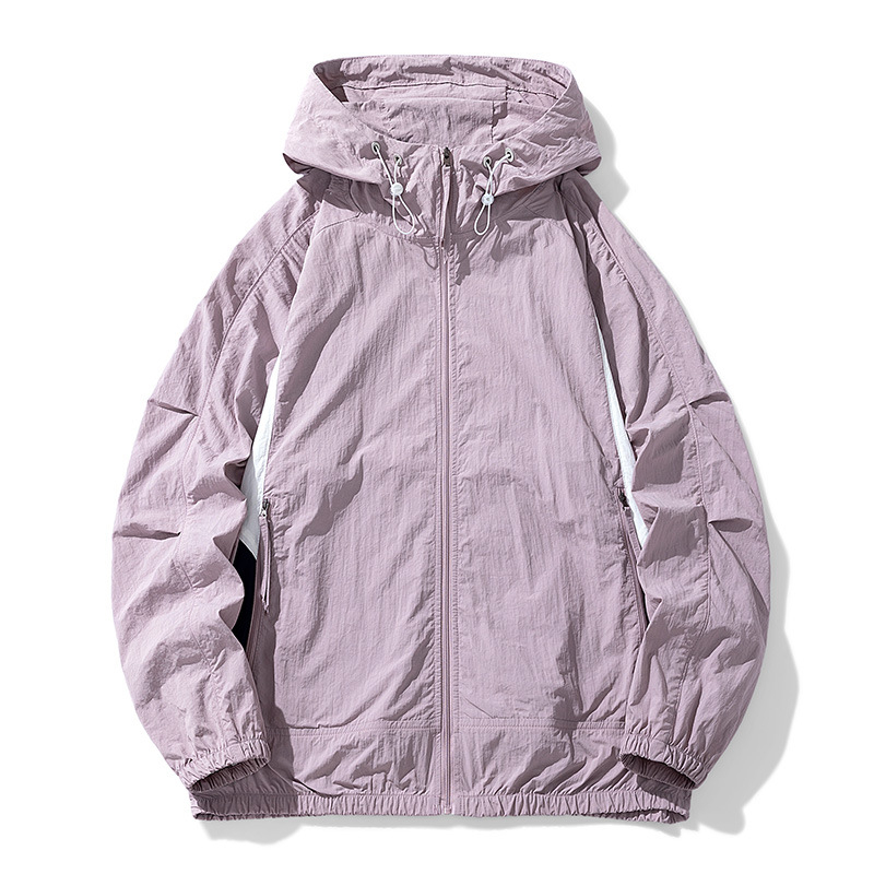 Unisex nailoniniai vasaros paltai su gobtuvu – laisvas kirpimo, UPF50+ saulės apsauga, priekinis užtrauktukas ir kišenės su užtrauktukais