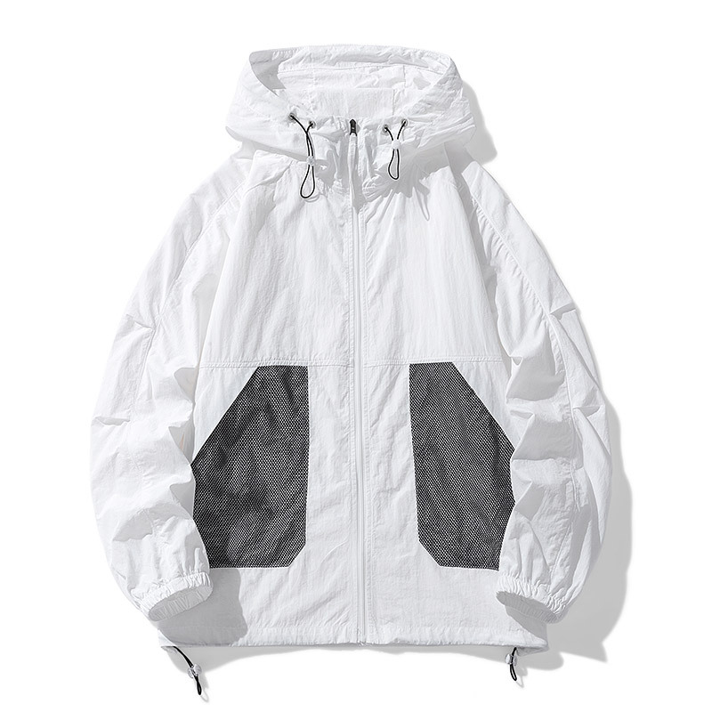 Unisex nailoniniai vasaros paltai su gobtuvu – laisvas kirpimo, UPF50+ saulės apsauga, priekinis užtrauktukas ir kišenės su užtrauktukais