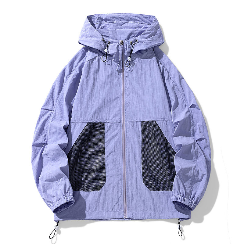 Unisex nailoniniai vasaros paltai su gobtuvu – laisvas kirpimo, UPF50+ saulės apsauga, priekinis užtrauktukas ir kišenės su užtrauktukais