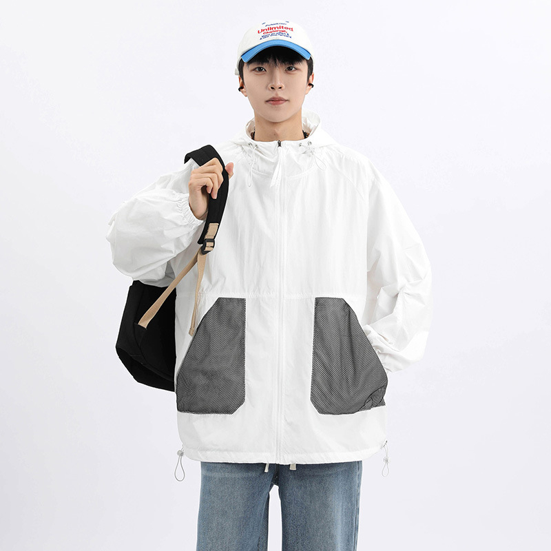 Unisex nailoniniai vasaros paltai su gobtuvu – laisvas kirpimo, UPF50+ saulės apsauga, priekinis užtrauktukas ir kišenės su užtrauktukais