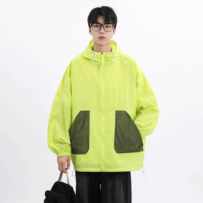 Unisex nailoniniai vasaros paltai su gobtuvu – laisvas kirpimo, UPF50+ saulės apsauga, priekinis užtrauktukas ir kišenės su užtrauktukais