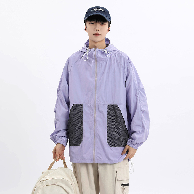 Unisex nailoniniai vasaros paltai su gobtuvu – laisvas kirpimo, UPF50+ saulės apsauga, priekinis užtrauktukas ir kišenės su užtrauktukais