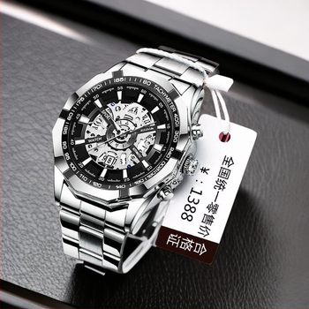 Férfi kvaros karóra átlátszó hátlappal, világító számlap, naptár, 30M vízállóság