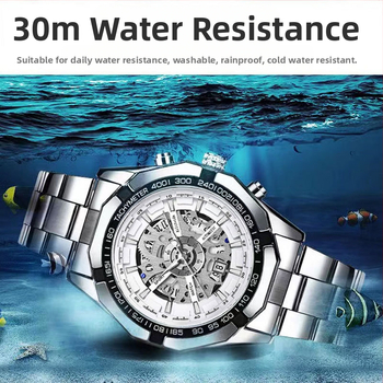 Ανδρικό ρολόι quartz με διαφανή πίσω θήκη, φωτεινός καντράν, ημερομηνία, αντίσταση στο νερό 30Μ