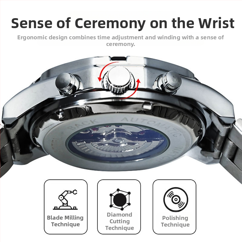 Мъжки кварцов часовник със прозрачен заден капак, светещ циферблат, календар, водоустойчивост 30M