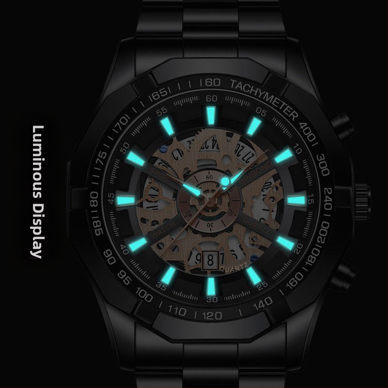 Мъжки кварцов часовник със прозрачен заден капак, светещ циферблат, календар, водоустойчивост 30M