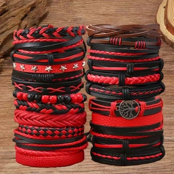 Унисекс кожена гривна, ръчно плетена, многослойна, мотив Дърво на живота с петконечна звезда, готически геометричен стил