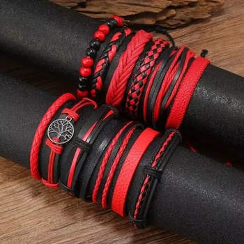 Унисекс кожена гривна, ръчно плетена, многослойна, мотив Дърво на живота с петконечна звезда, готически геометричен стил