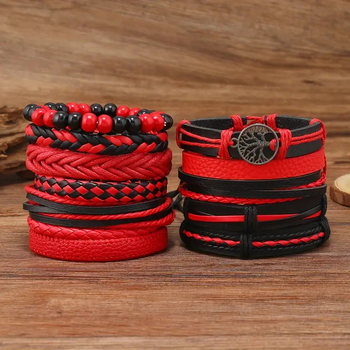 Унисекс кожена гривна, ръчно плетена, многослойна, мотив Дърво на живота с петконечна звезда, готически геометричен стил