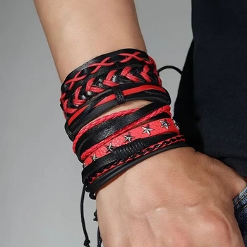 Унисекс кожена гривна, ръчно плетена, многослойна, мотив Дърво на живота с петконечна звезда, готически геометричен стил