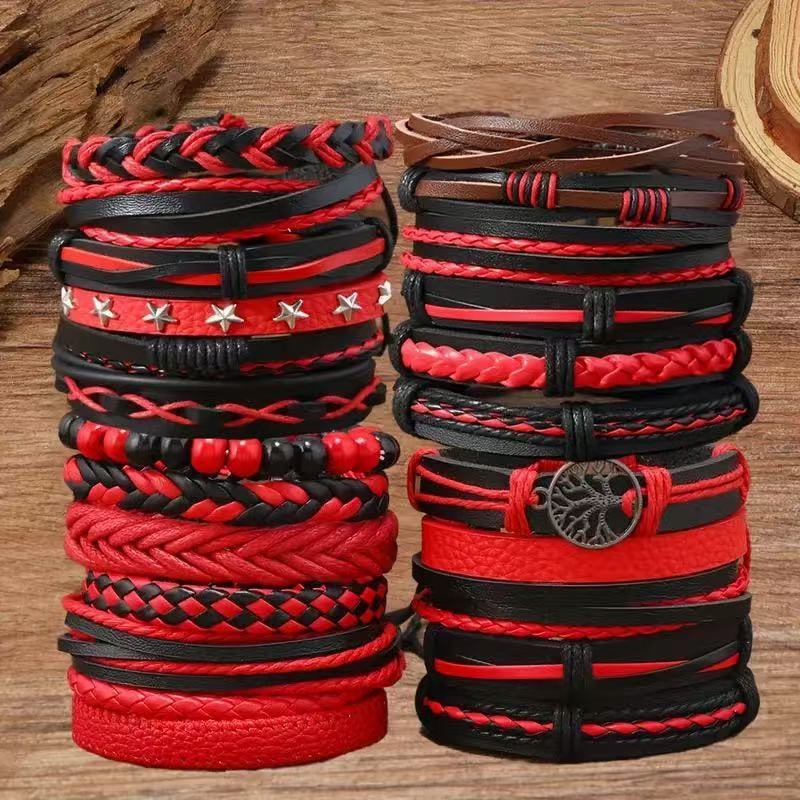 Унисекс кожена гривна, ръчно плетена, многослойна, мотив Дърво на живота с петконечна звезда, готически геометричен стил