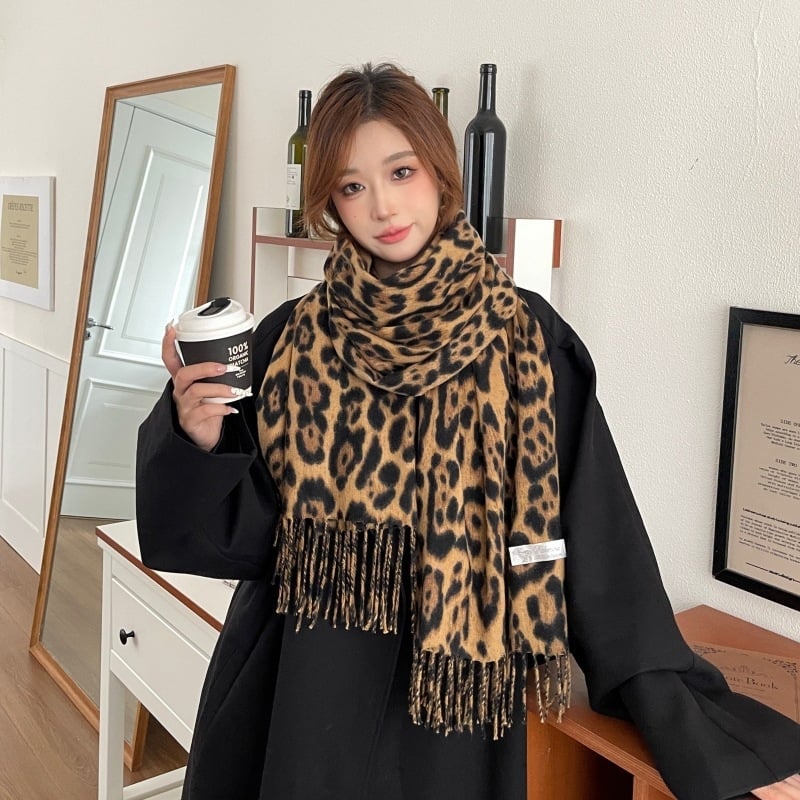 Šal s leopard printom i resicama - korejski stil vintage atmosfera, debeli džakard poliester šal za zimu, proljeće i jesen