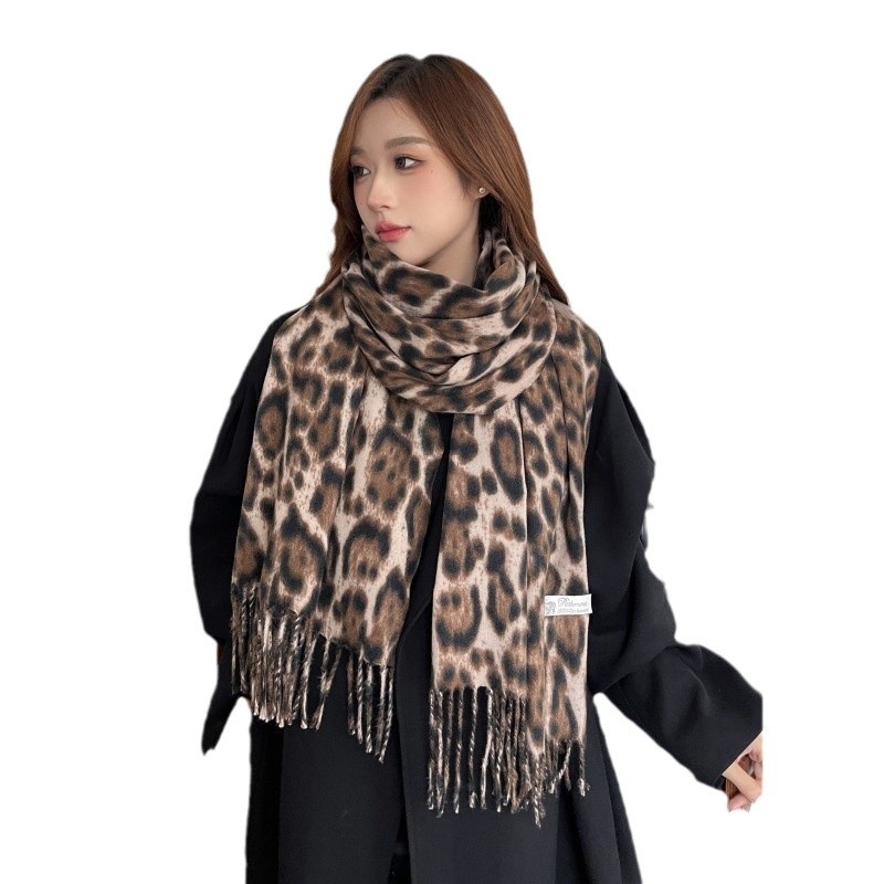 Šal s leopard printom i resicama - korejski stil vintage atmosfera, debeli džakard poliester šal za zimu, proljeće i jesen