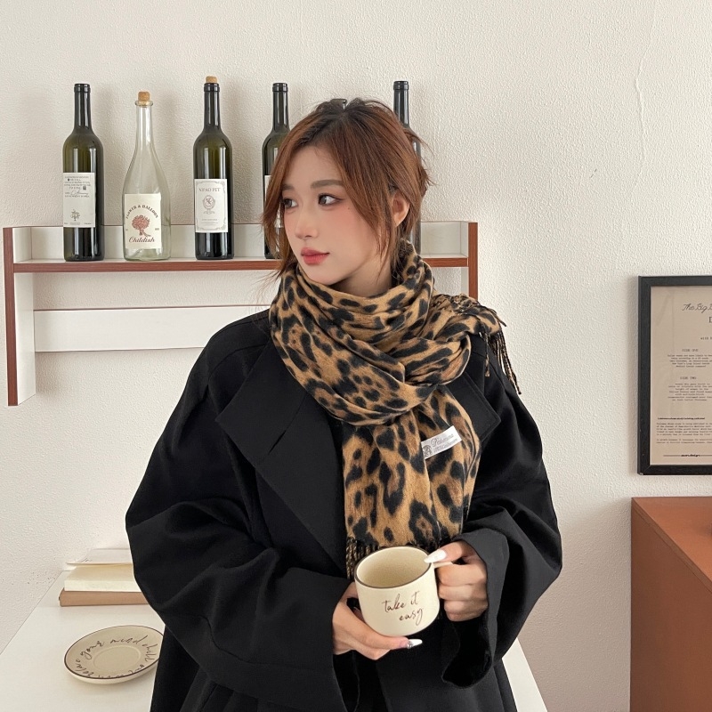 Šal s leopard printom i resicama - korejski stil vintage atmosfera, debeli džakard poliester šal za zimu, proljeće i jesen