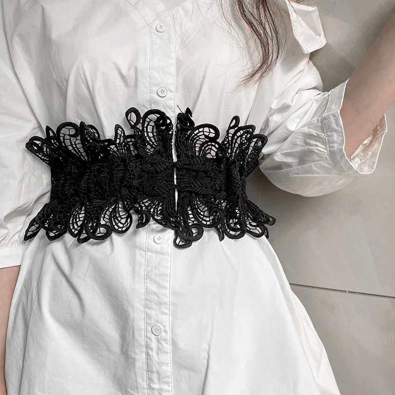 Дамски широк колан за талия с дантелена украса - тъкан плат, за рокли, елегантен и универсален, лято 2022