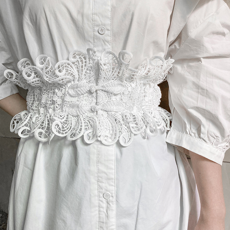 Дамски широк колан за талия с дантелена украса - тъкан плат, за рокли, елегантен и универсален, лято 2022