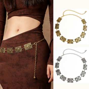 Μεταλλική αλυσίδα μέσης για γυναίκες, casual στυλ με χαραγμένα διακοσμητικά στοιχεία, μονό κύκλο, κυκλοφόρησε το χειμώνα 2024