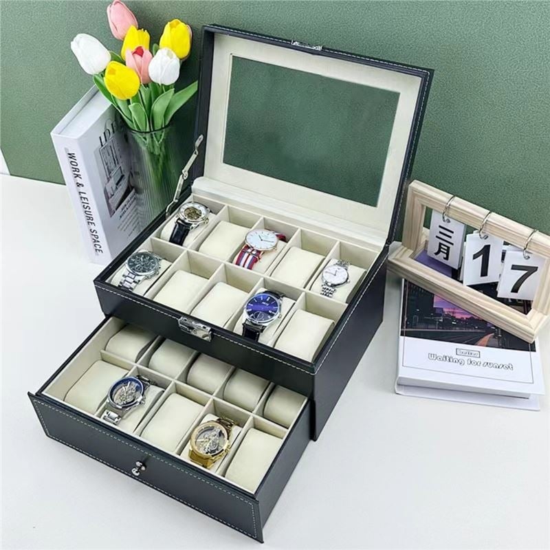 Κουτί αποθήκευσης ρολογιών, 20 θέσεων, διπλού επιπέδου, με κλειδαριά, PU δέρμα, μοντέλο LY-11